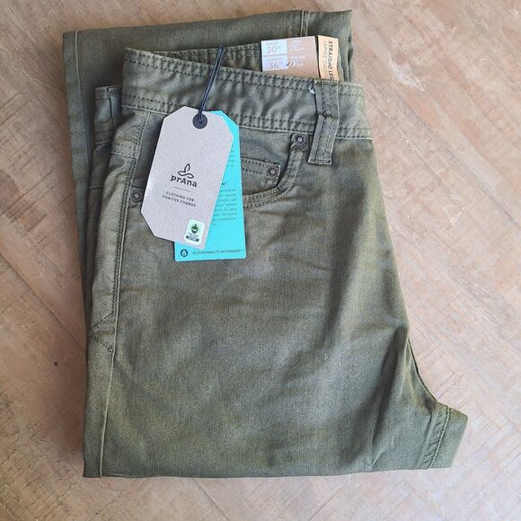 Prana Mens 30x36 Peat Green Bridger Jean Pant 5 Pocket Outdoor Straight Slim NEW - Picture 1 of 7